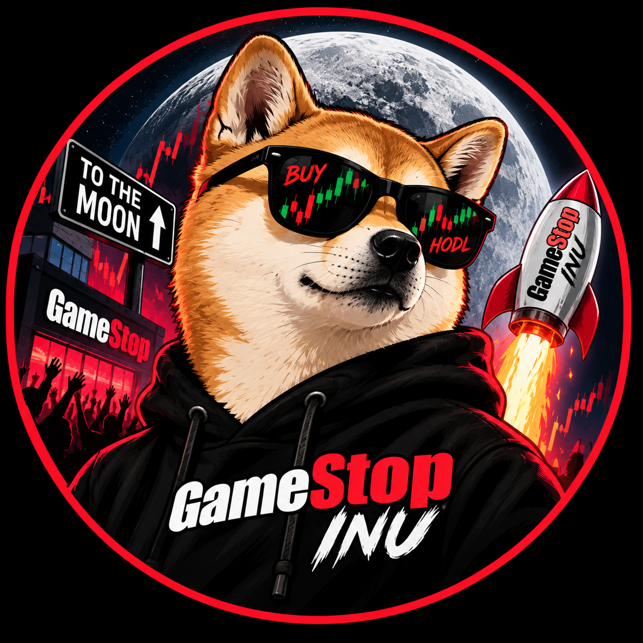 Game Stop Inu badge: a cartoon shiba in sunglasses and a hoodie in front of the moon with a rocket
